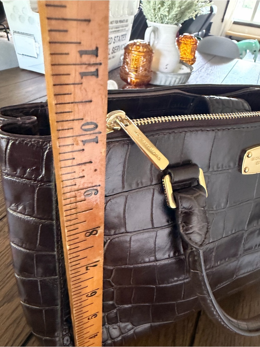 Michael Kors Kellen Crocodile Embossed Leather Satchel Crossbody Brown - Picture 10 of 14